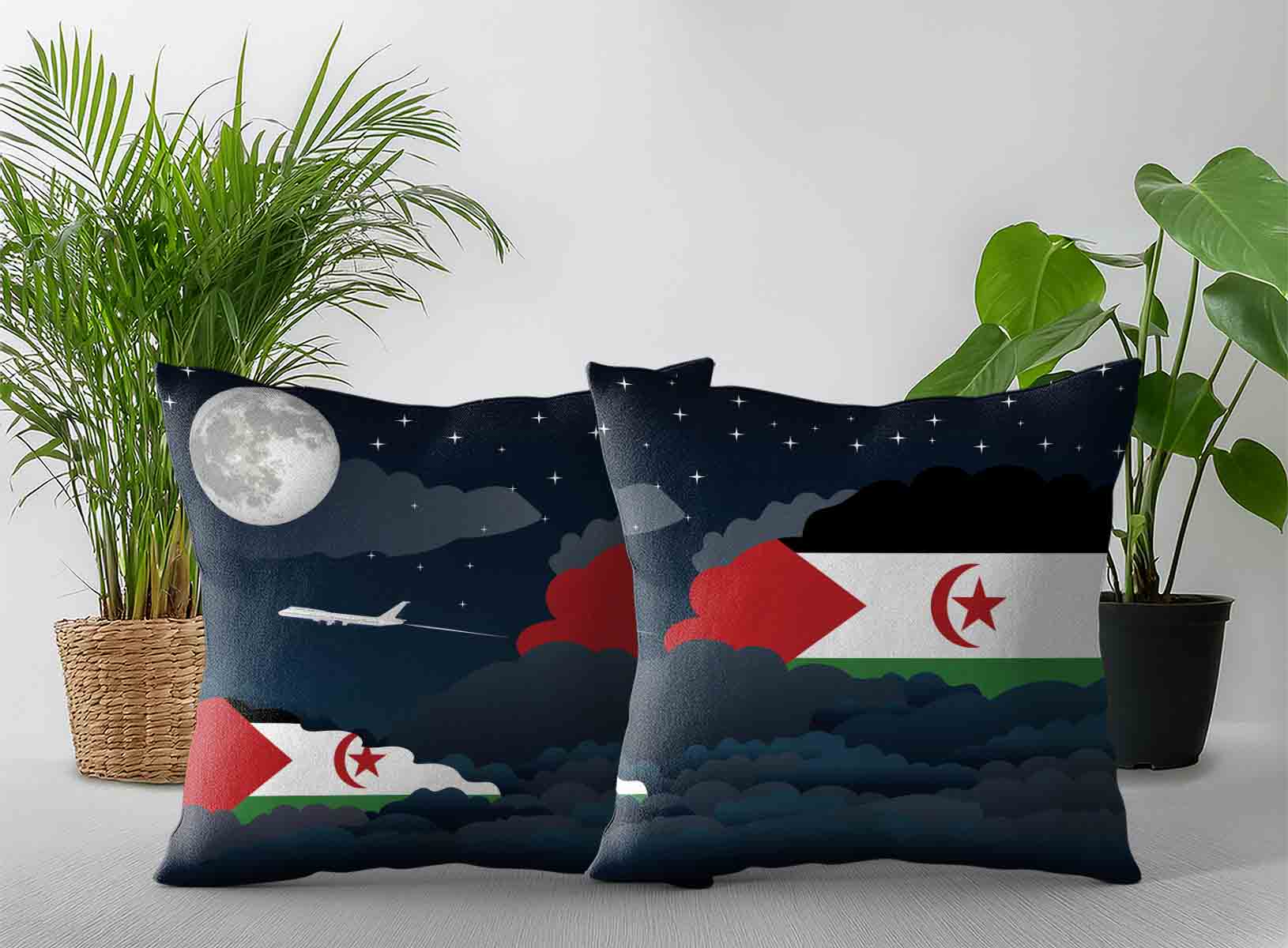 Western Sahara World Airplane Night Clouds Square & Rectangle Pillow Cases | Aviation Night Sky Decorative Throw Pillow Covers