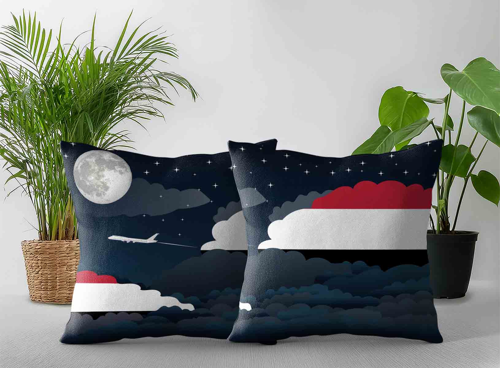 Yemen World Airplane Night Clouds Square & Rectangle Pillow Cases | Aviation Night Sky Decorative Throw Pillow Covers