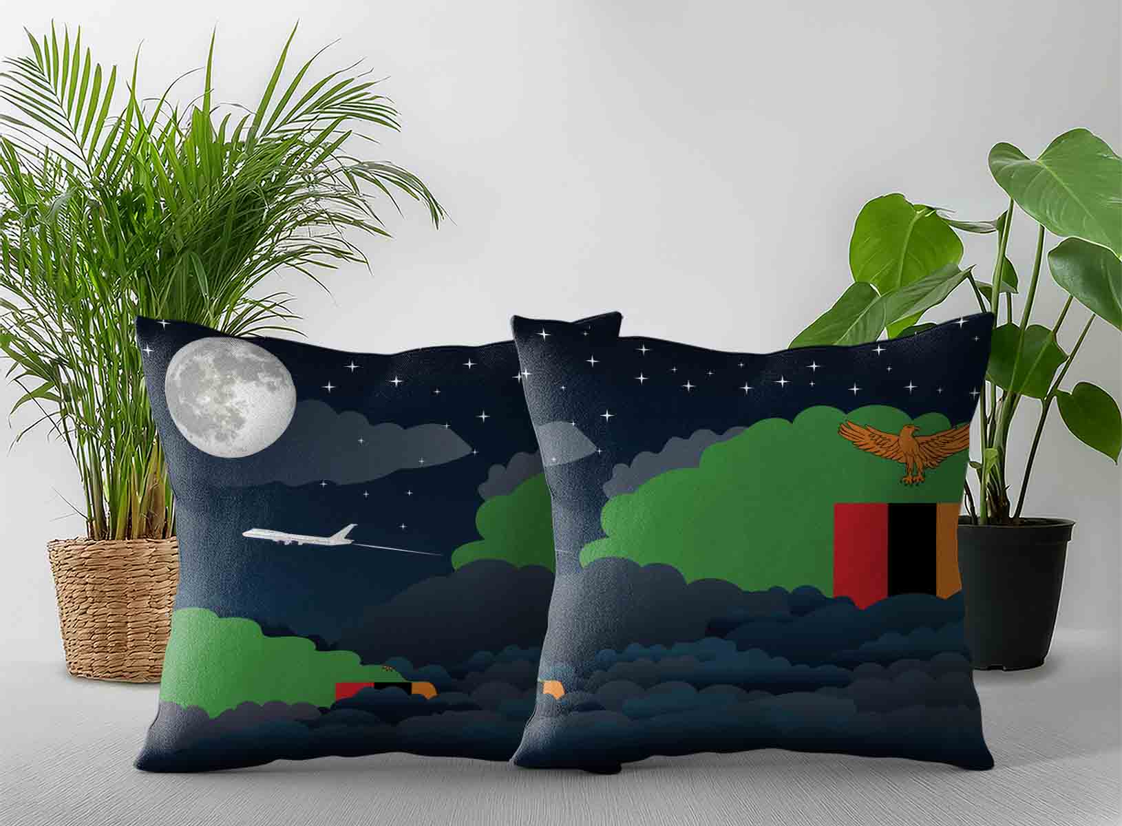 Zambia World Airplane Night Clouds Square & Rectangle Pillow Cases | Aviation Night Sky Decorative Throw Pillow Covers