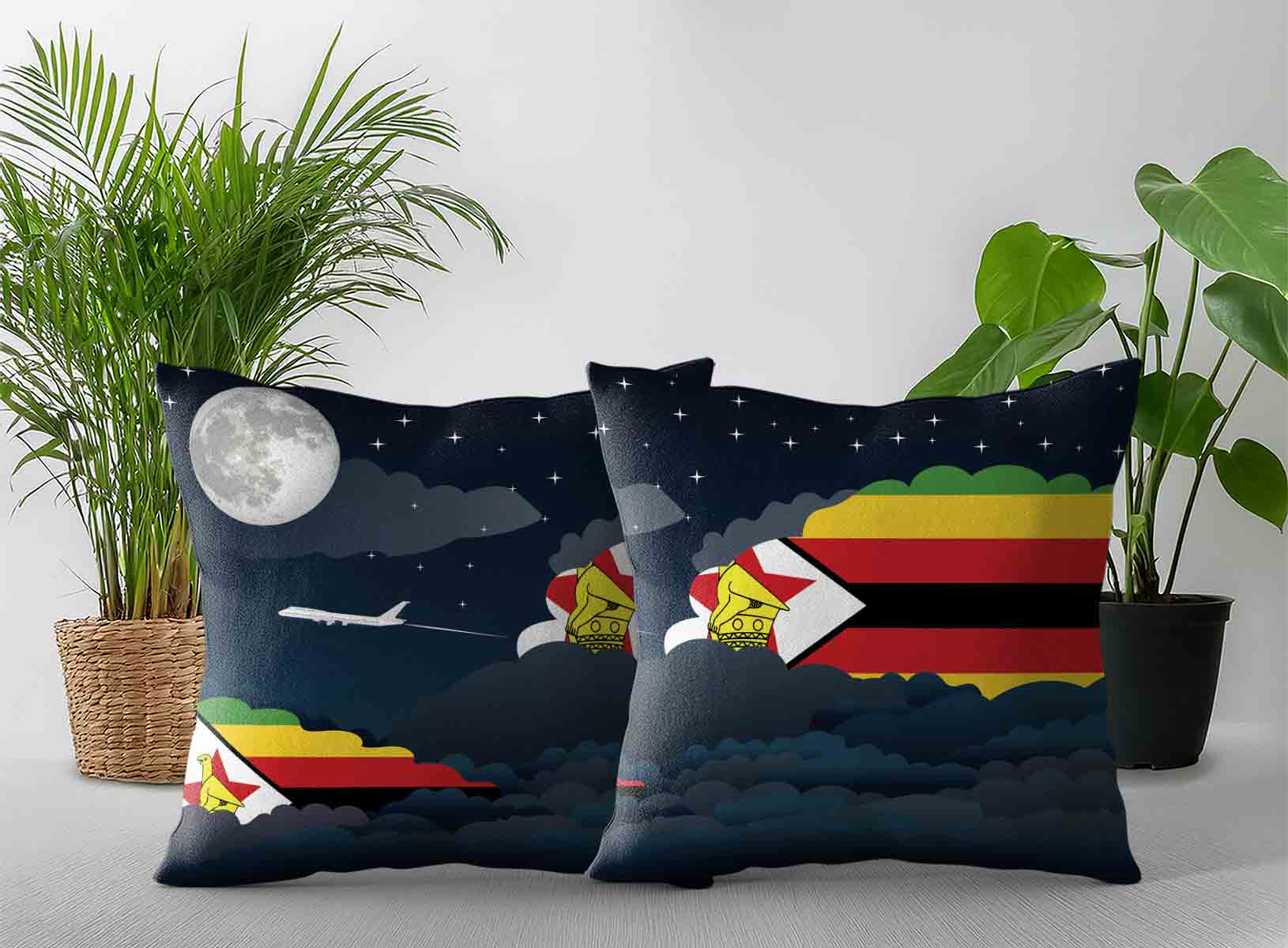 Zimbabwe World Airplane Night Clouds Square & Rectangle Pillow Cases | Aviation Night Sky Decorative Throw Pillow Covers